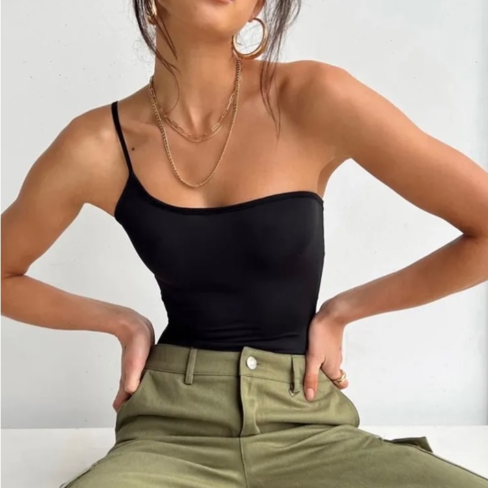 Black one shoulder Nylon material bodysuit (never worn!)